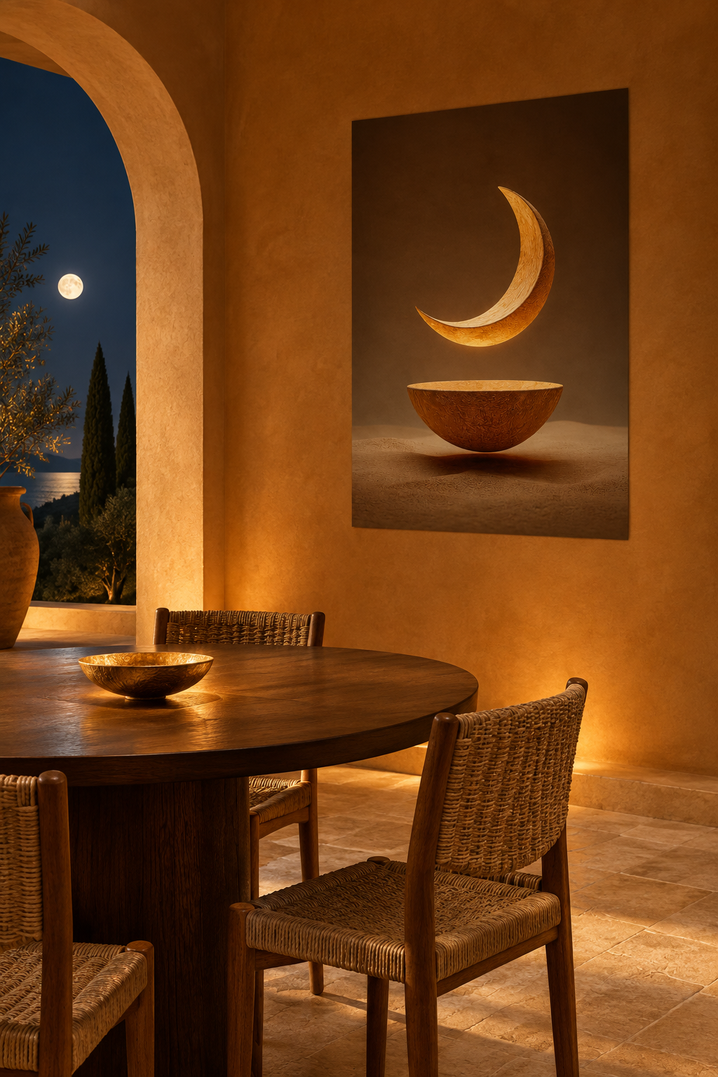 The Moon and the Bowl in an ochre dining room