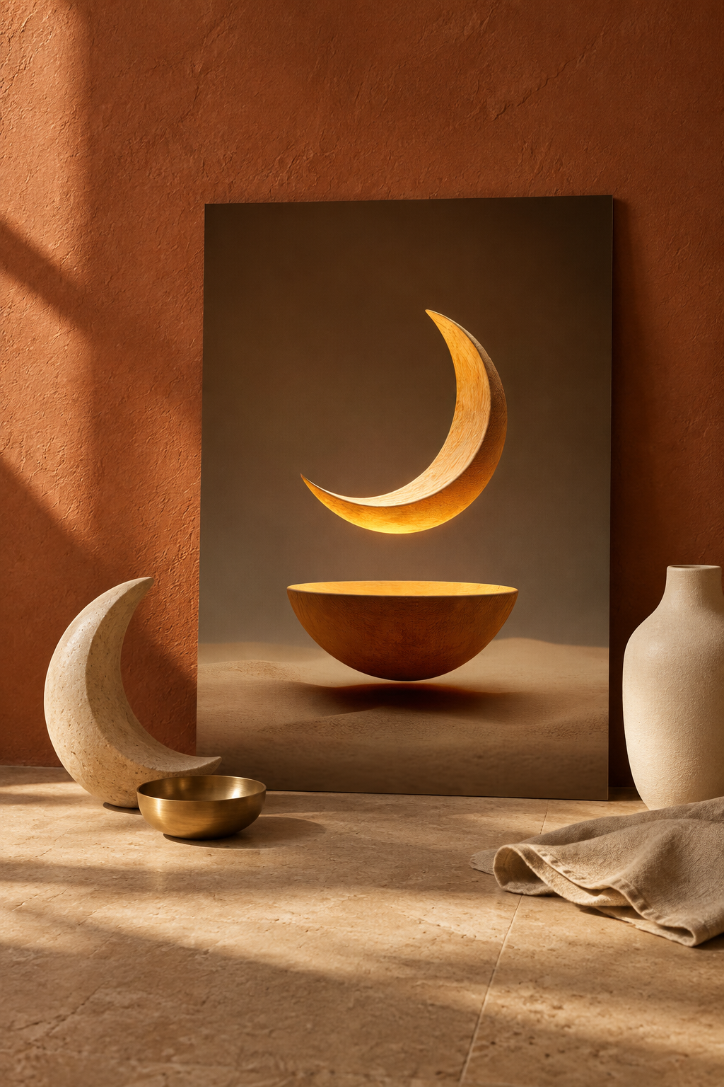The Moon and the Bowl resting on the floor with lunar objects