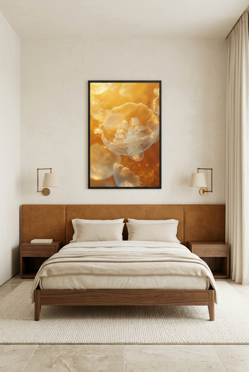 La Méduse — poster con cornice nera in una camera da letto