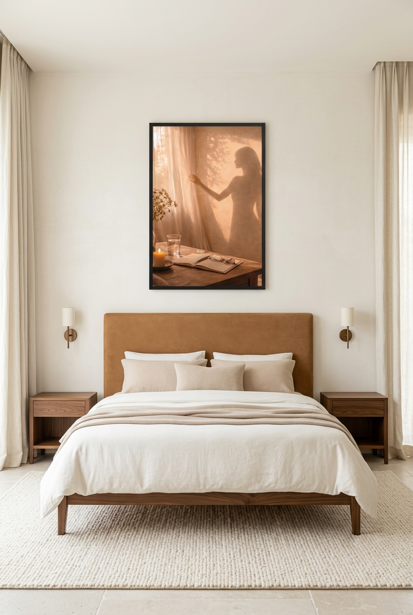 La Main sur le Voile — poster con cornice nera in una camera da letto