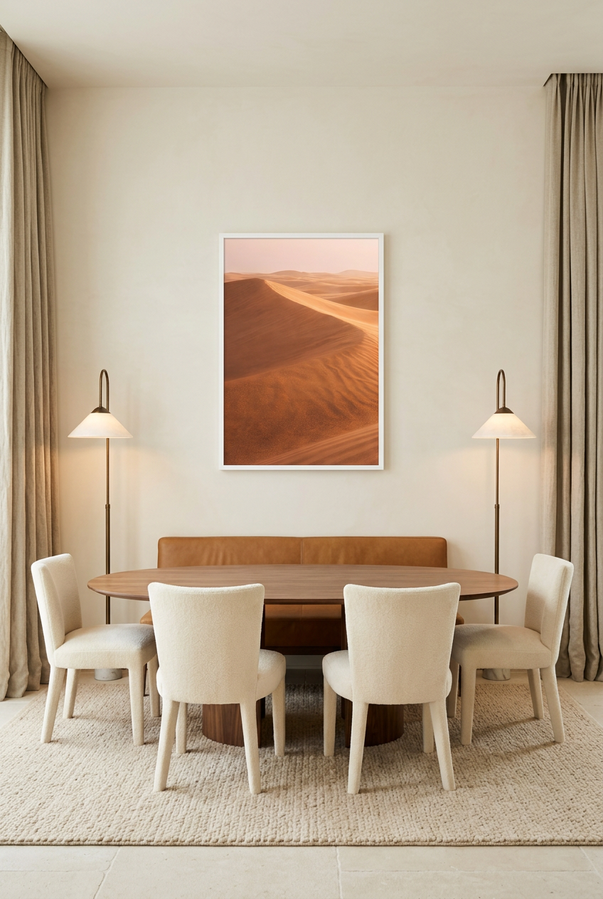 La Mer de Sable — poster com moldura branca numa sala de jantar
