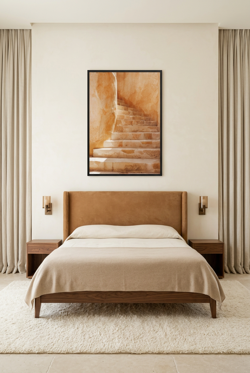 La Montée Dorée — poster in zwarte lijst in een slaapkamer