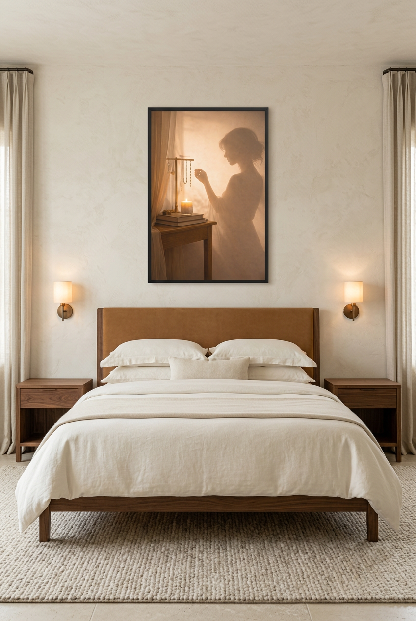 La Parure — poster con cornice nera in una camera da letto