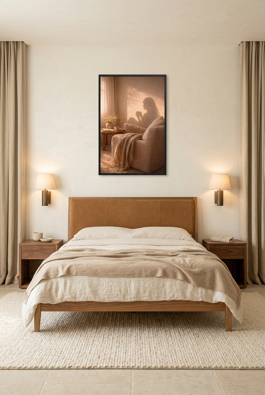 La Pause — poster con cornice nera in una camera da letto