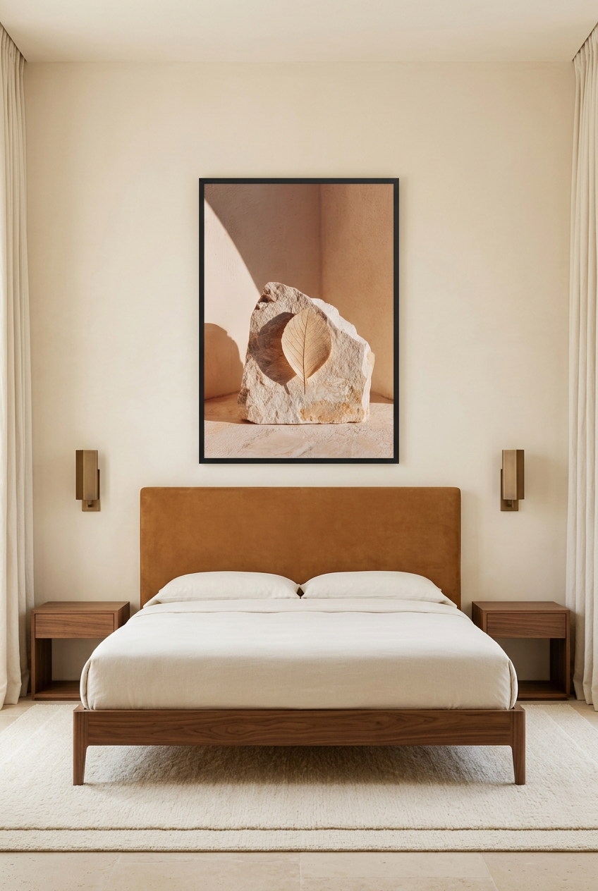 La Pierre et la Feuille — affiche en cadre noir dans une chambre