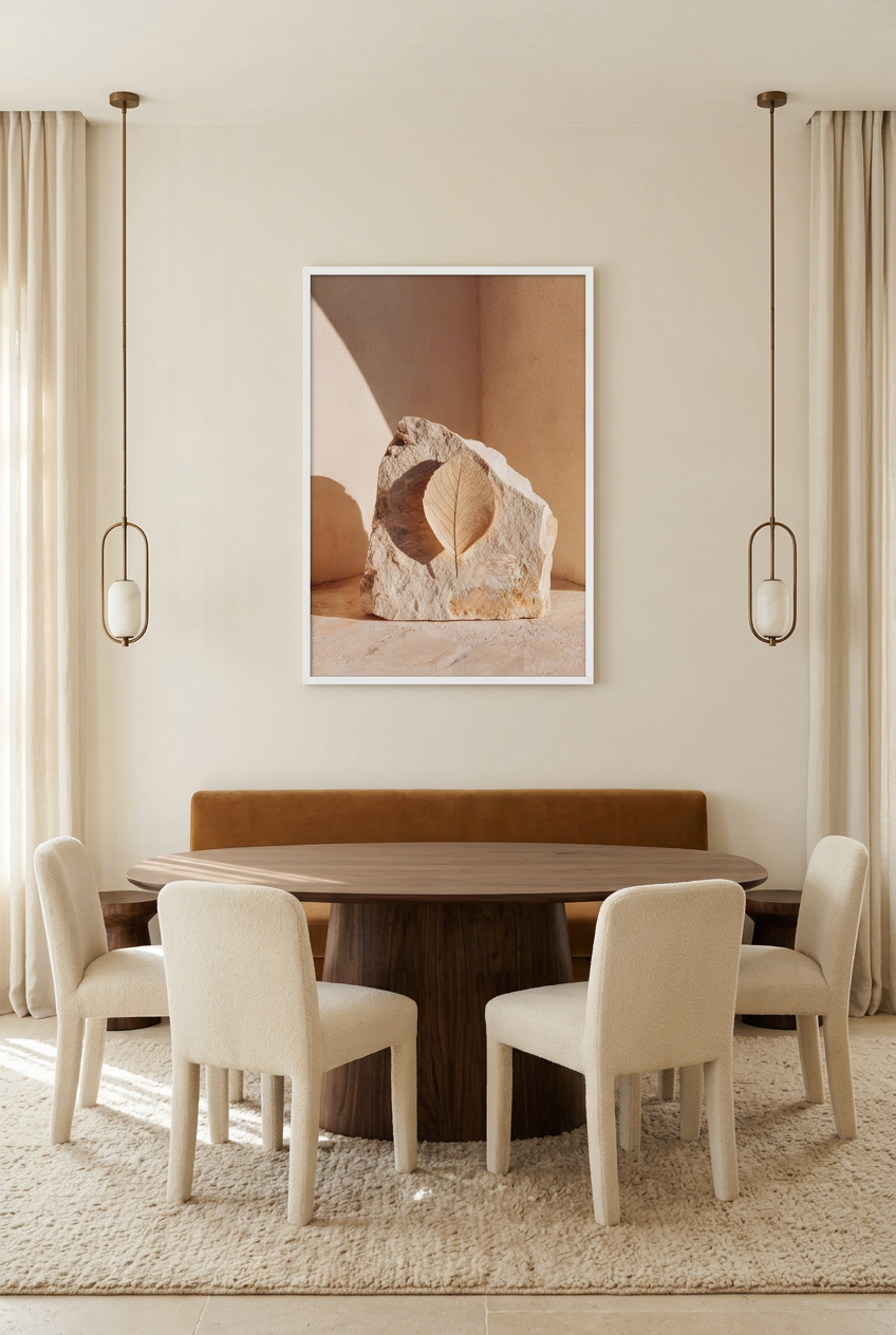 La Pierre et la Feuille — affiche en cadre blanc dans une salle à manger