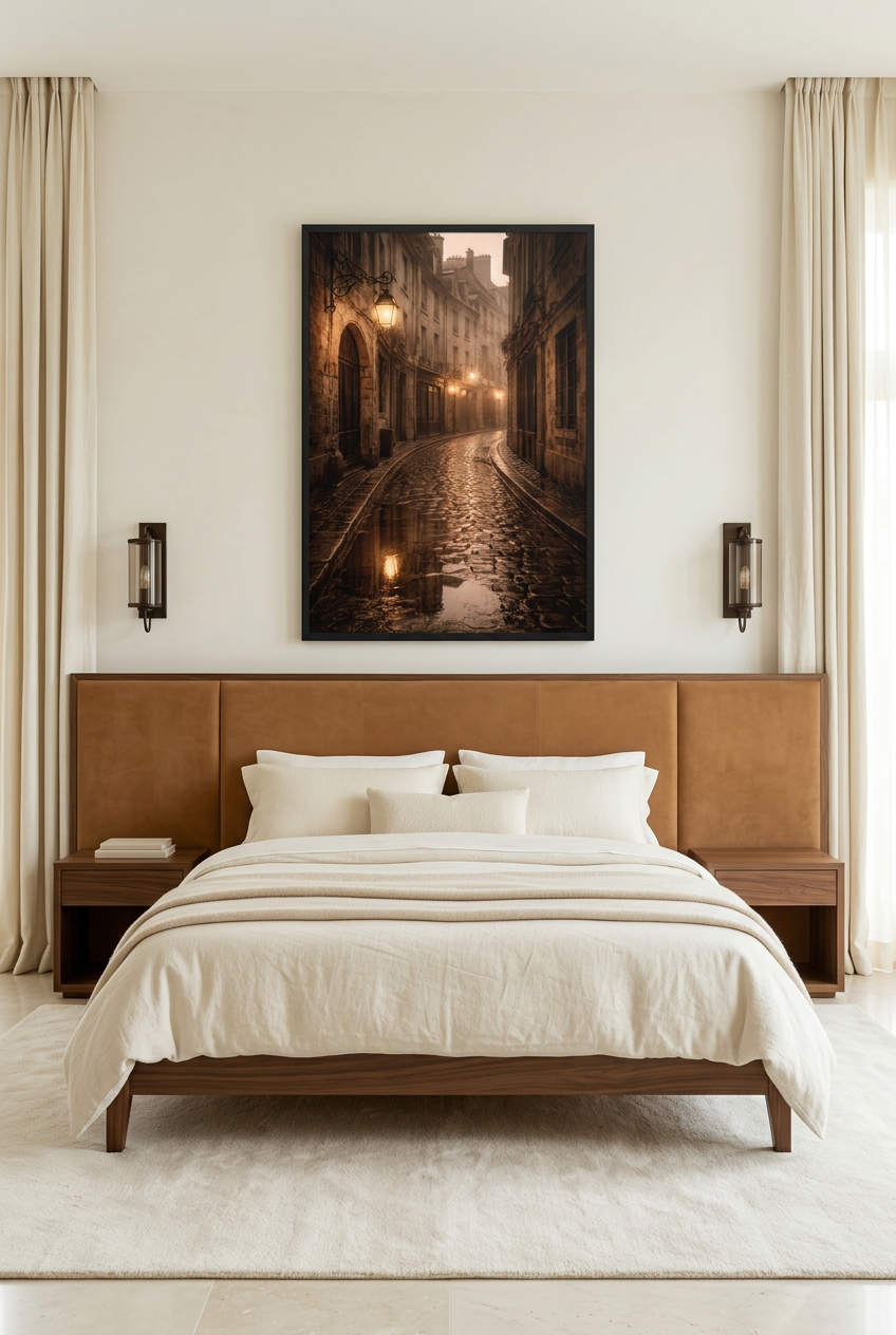 La Ruelle Sous La Pluie — poster in a black frame in a bedroom