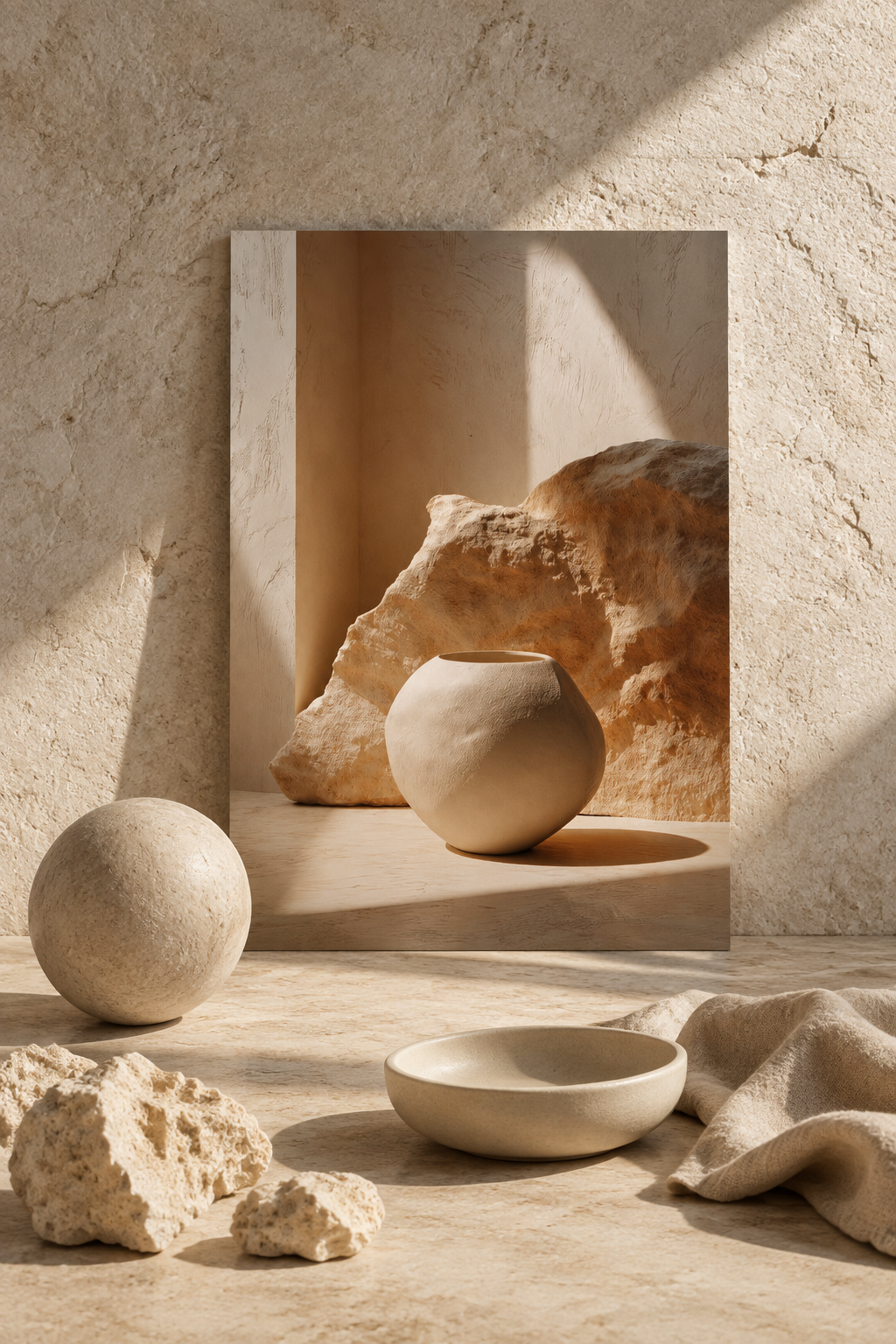 La Sfera e la Roccia a terra con oggetti minerali