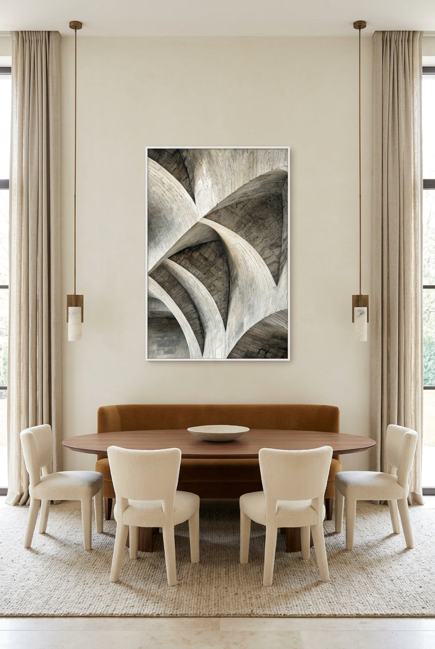 La Spirale de Béton — affiche en cadre blanc dans une salle à manger