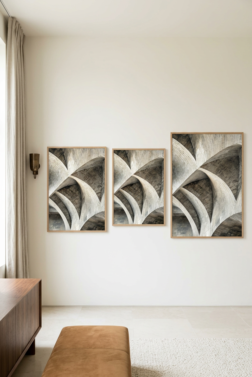 La Spirale de Béton — trois formats de l'affiche en cadre chêne