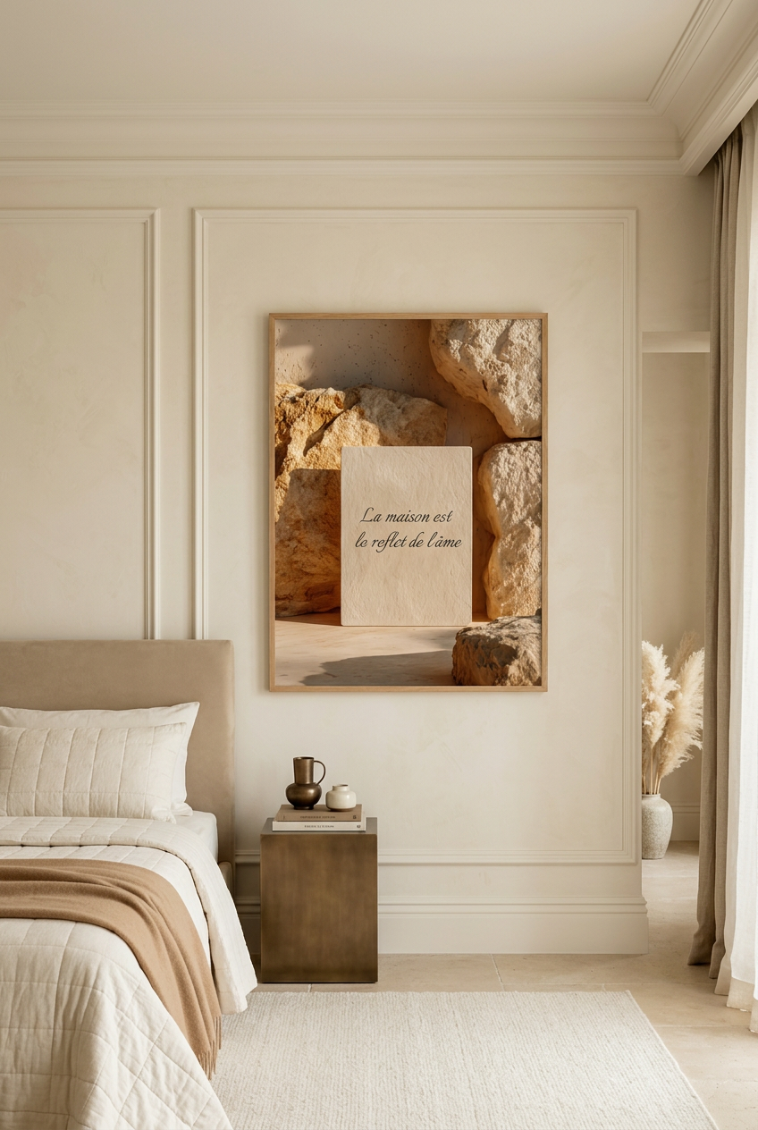 A Estela — póster de citação personalizável: citação gravada numa estela entre rochas ocre, num quarto
