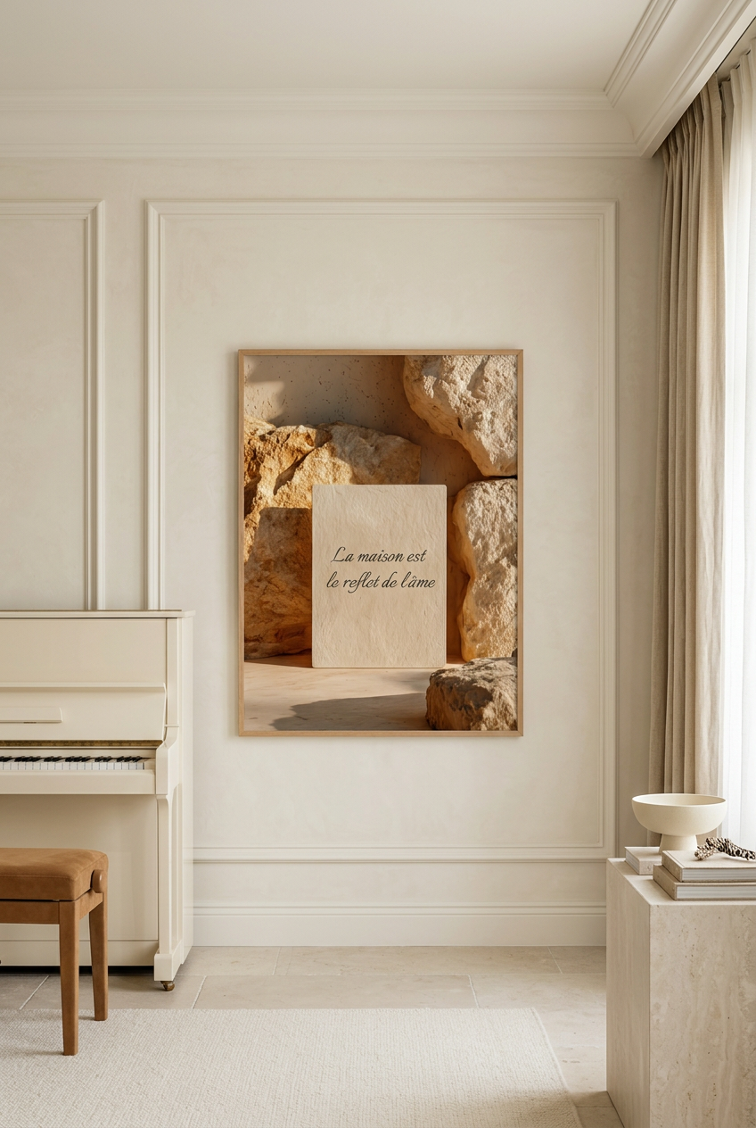 A Estela — póster de citação personalizável: citação gravada numa estela entre rochas ocre, numa sala de música com piano