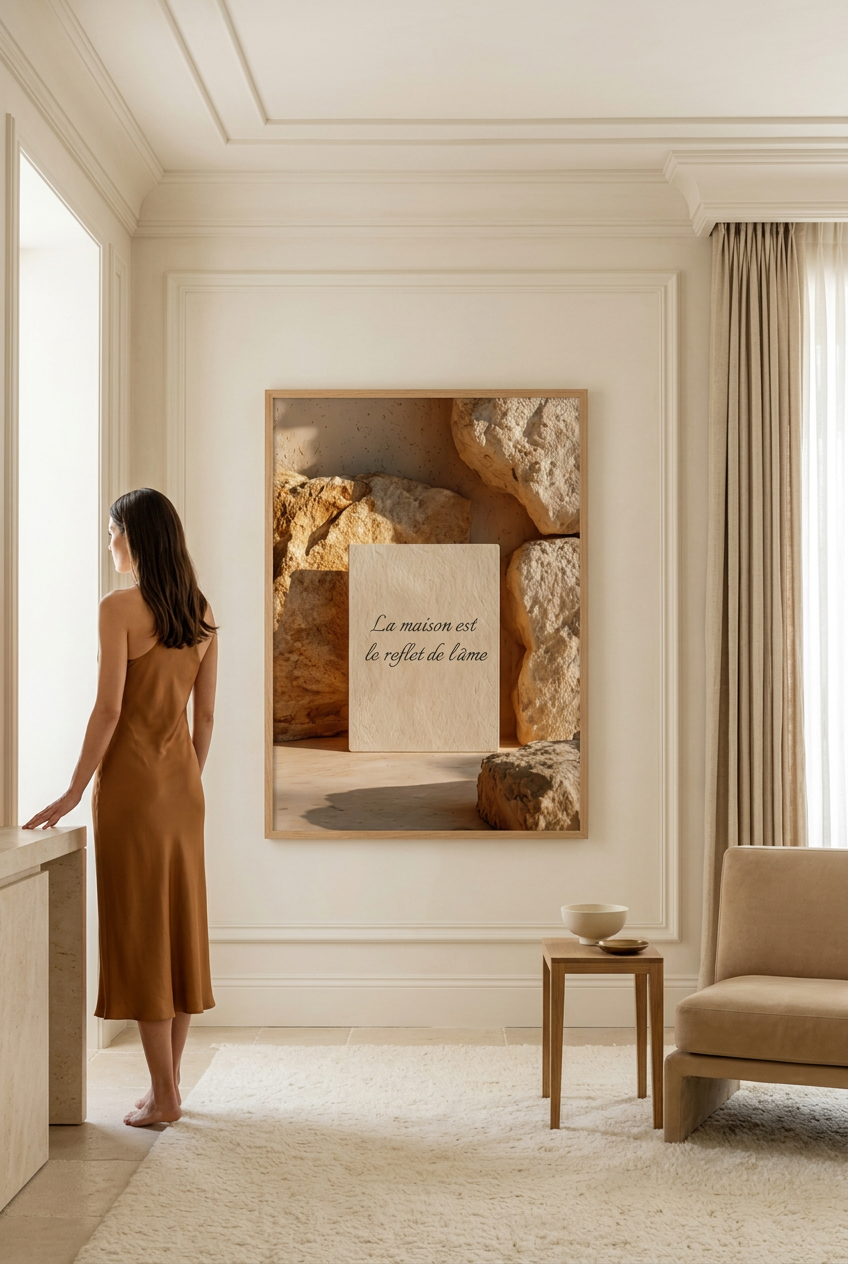 La Stèle — affiche citation personnalisable : citation gravée sur une stèle entre des rochers ocre, avec une femme qui la regarde
