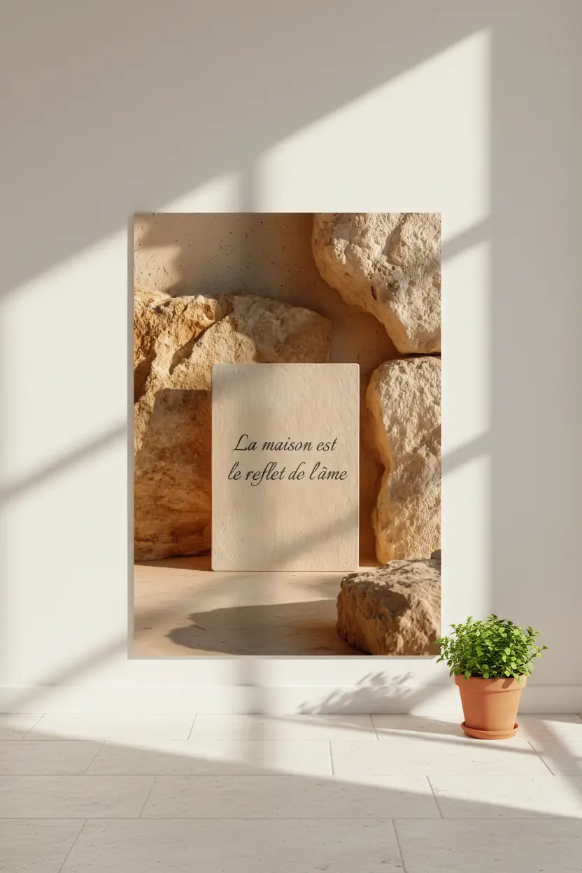 La Stèle — Affiche murale citation personnalisable, affiche murale minimaliste avec cadre bois, décoration murale salon ou chambre, style méditerranéen