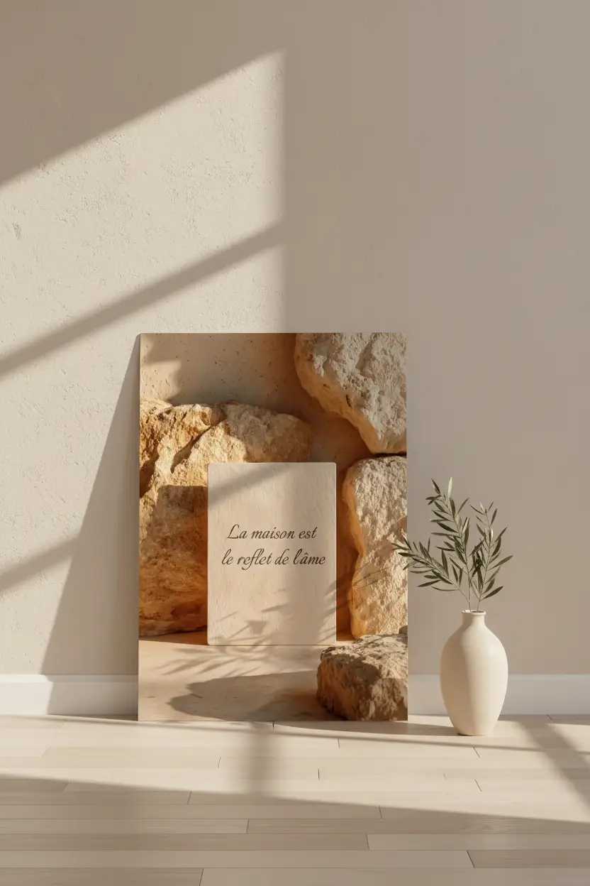 La Stèle — Affiche murale citation personnalisable, affiche murale minimaliste avec cadre bois, décoration murale salon ou chambre, style méditerranéen