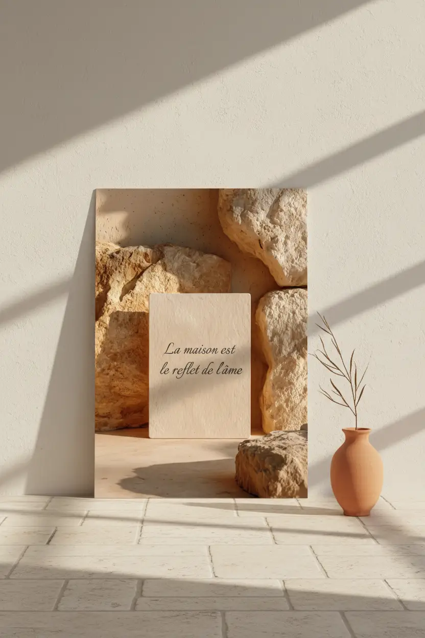 La Stèle — Affiche murale citation personnalisable, affiche murale minimaliste avec cadre bois, décoration murale salon ou chambre, style méditerranéen