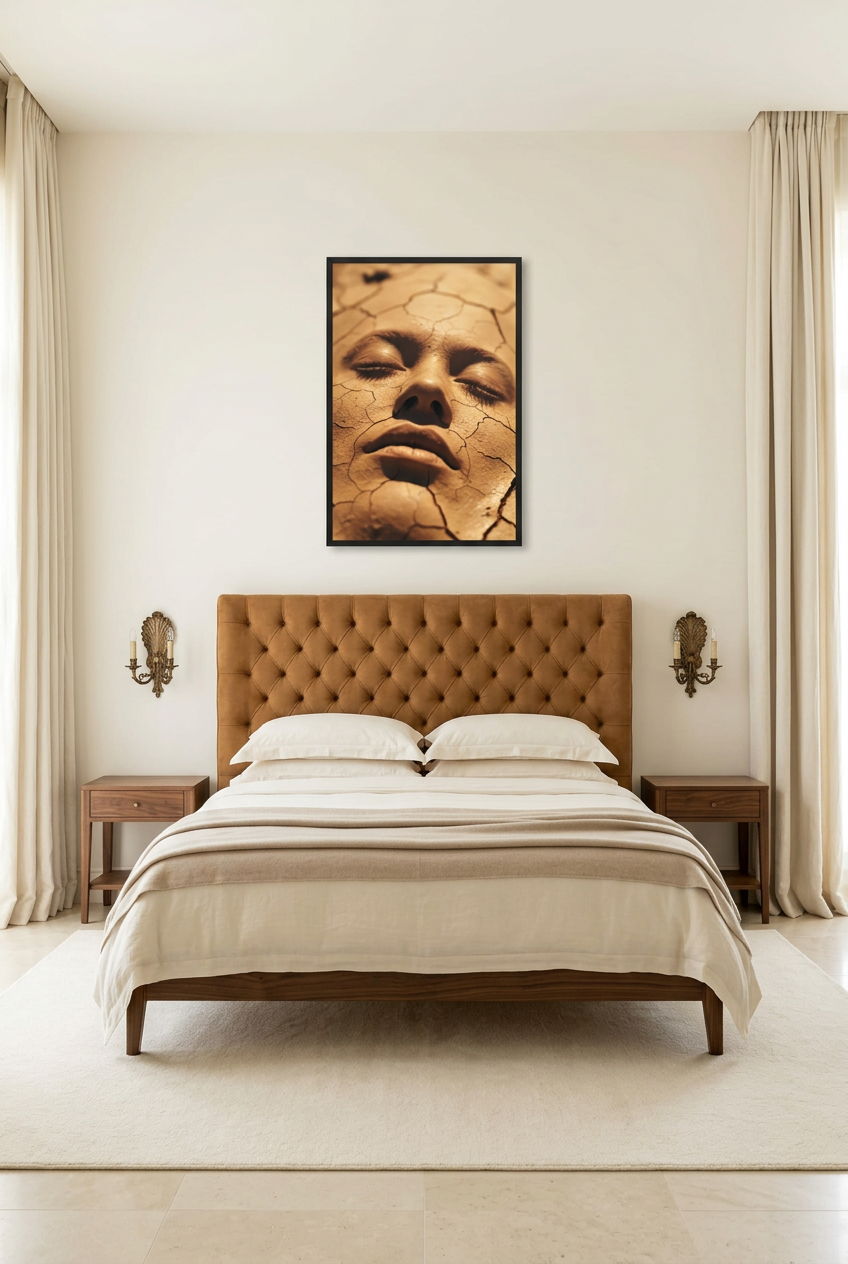 La Terre et le Visage — poster in a black frame in a bedroom