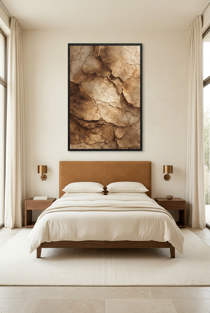 La Terre Fendue — poster con cornice nera in una camera da letto