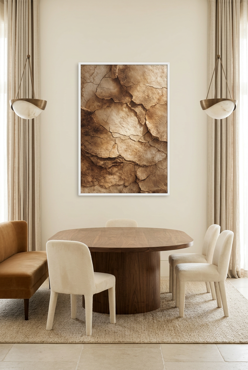 La Terre Fendue — poster con cornice bianca in una sala da pranzo
