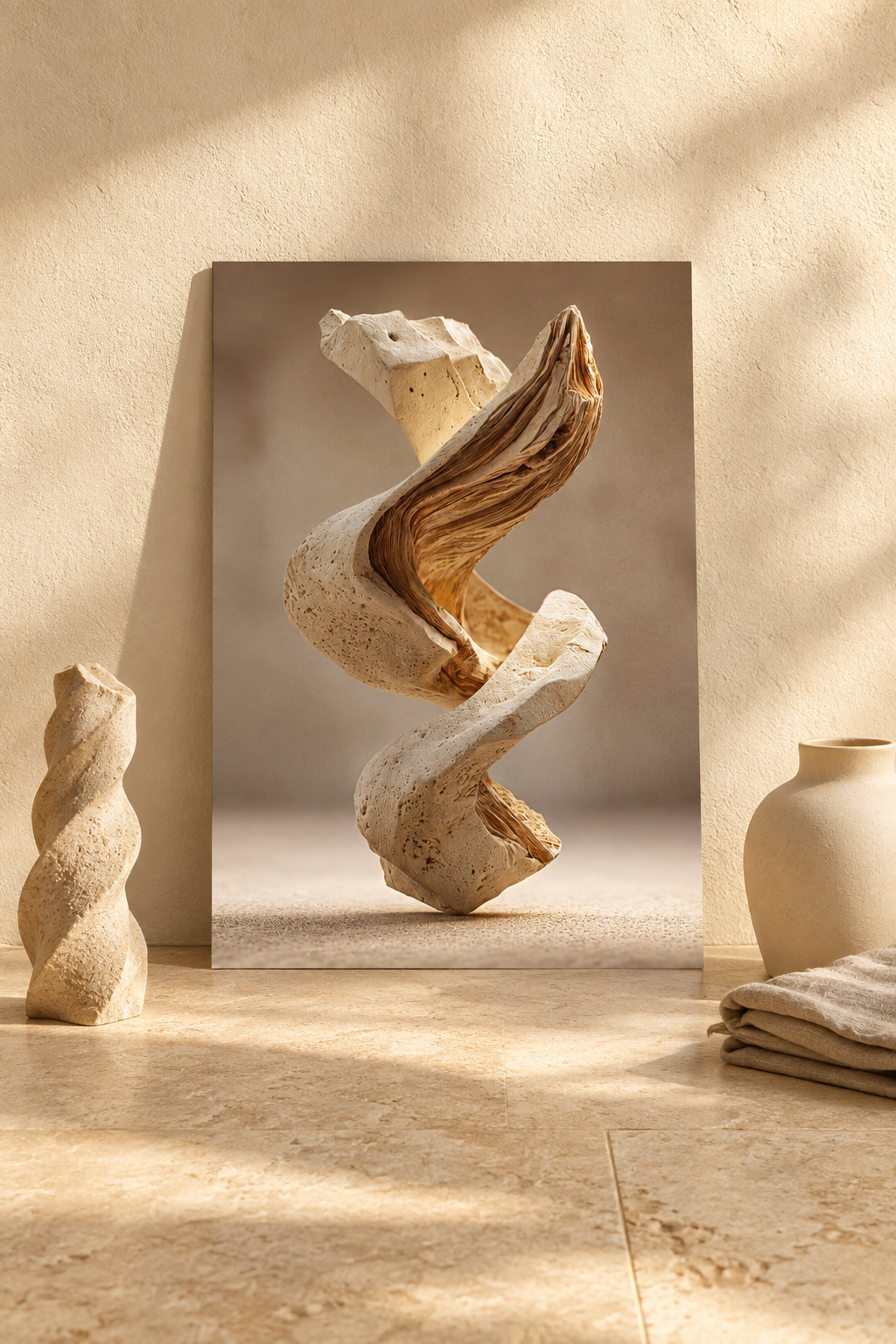 De Kalksteenwinding op de vloer met een minerale sculptuur