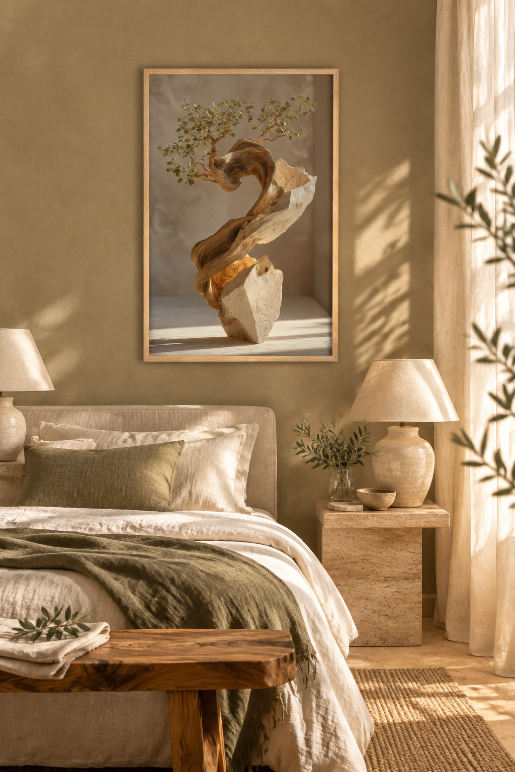 Die Gewundene Olive mit Eichenrahmen in einem Schlafzimmer