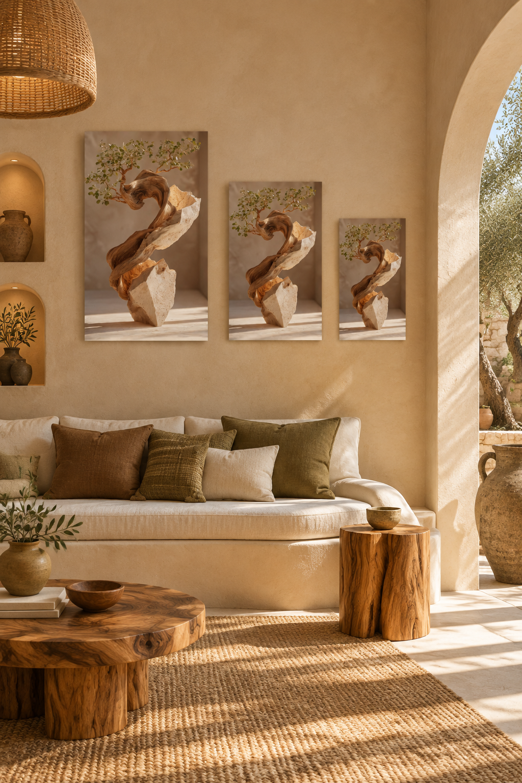 Die Gewundene Olive in drei Formaten in einem warmen Interieur
