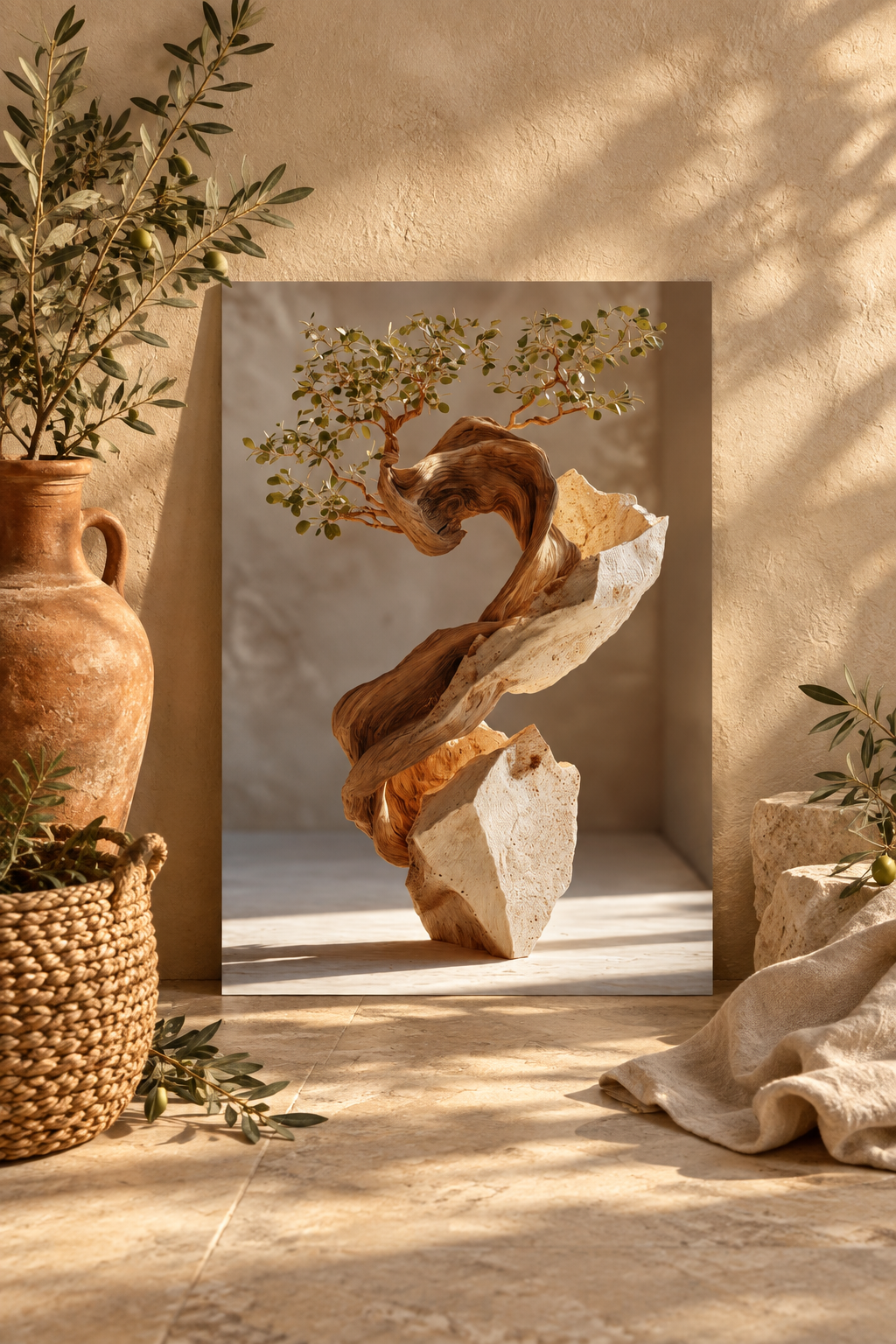 Die Gewundene Olive auf dem Boden mit Wurzeln und Laub