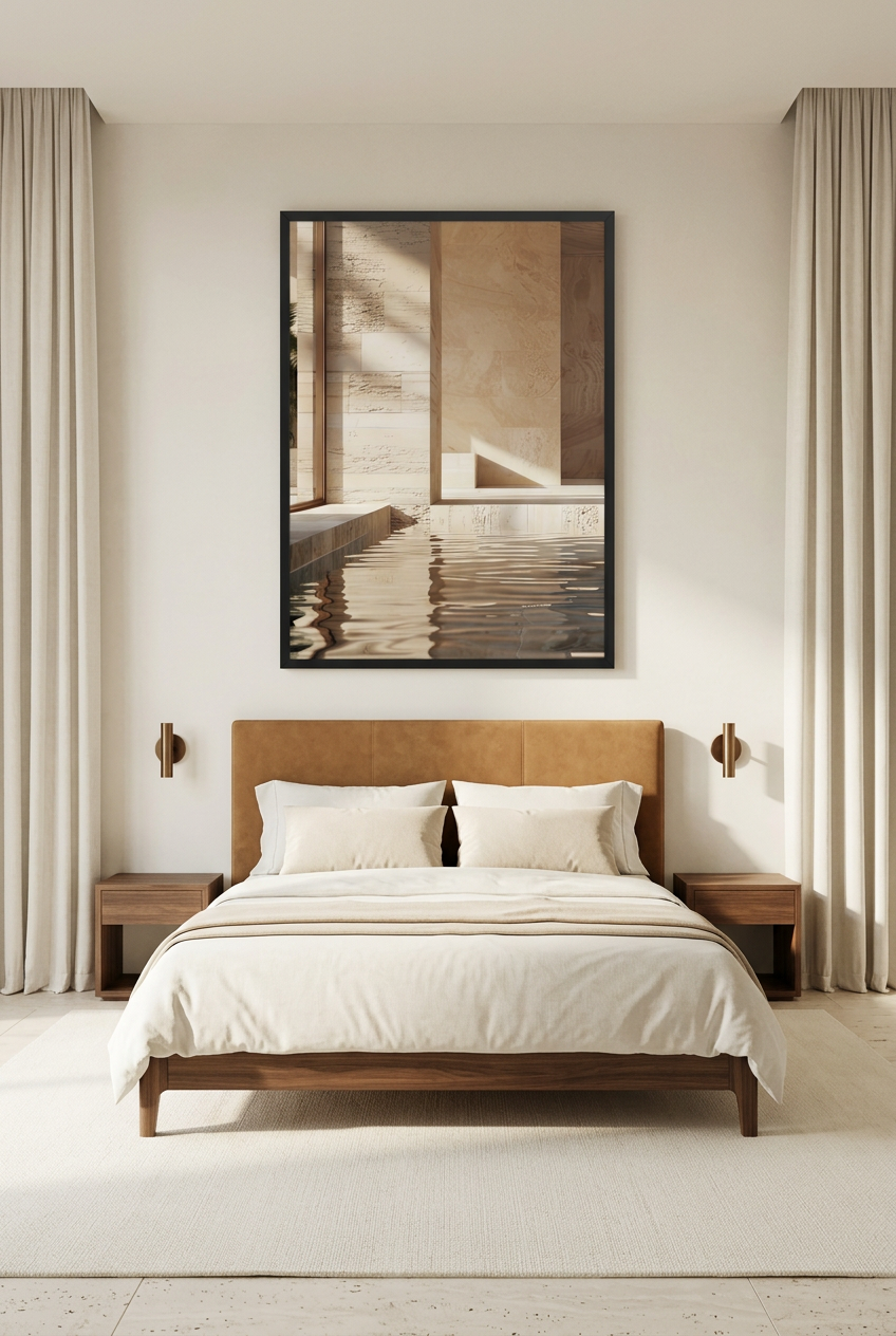 Le Bain de Travertin — affiche en cadre noir dans une chambre