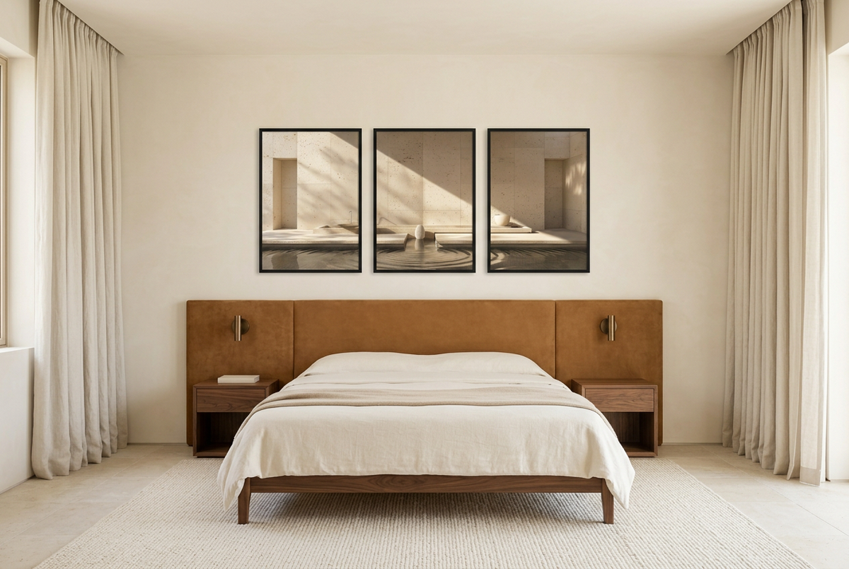 Le Bassin de Lumière — posters in black frames in a bedroom