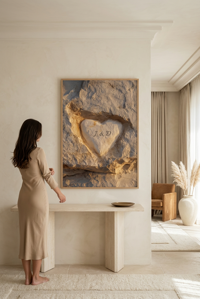 Le Cœur dans la Roche — affiche personnalisable : cœur creusé dans la roche avec initiales, avec une femme qui la regarde