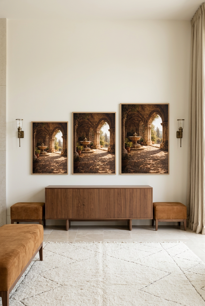 Le Cloître à la Fontaine — three sizes of the poster in oak frames
