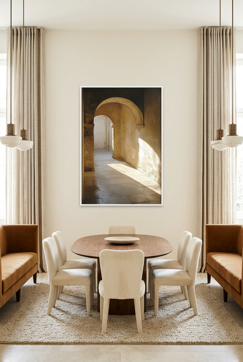 Le Couloir de Lumière — affiche en cadre blanc dans une salle à manger