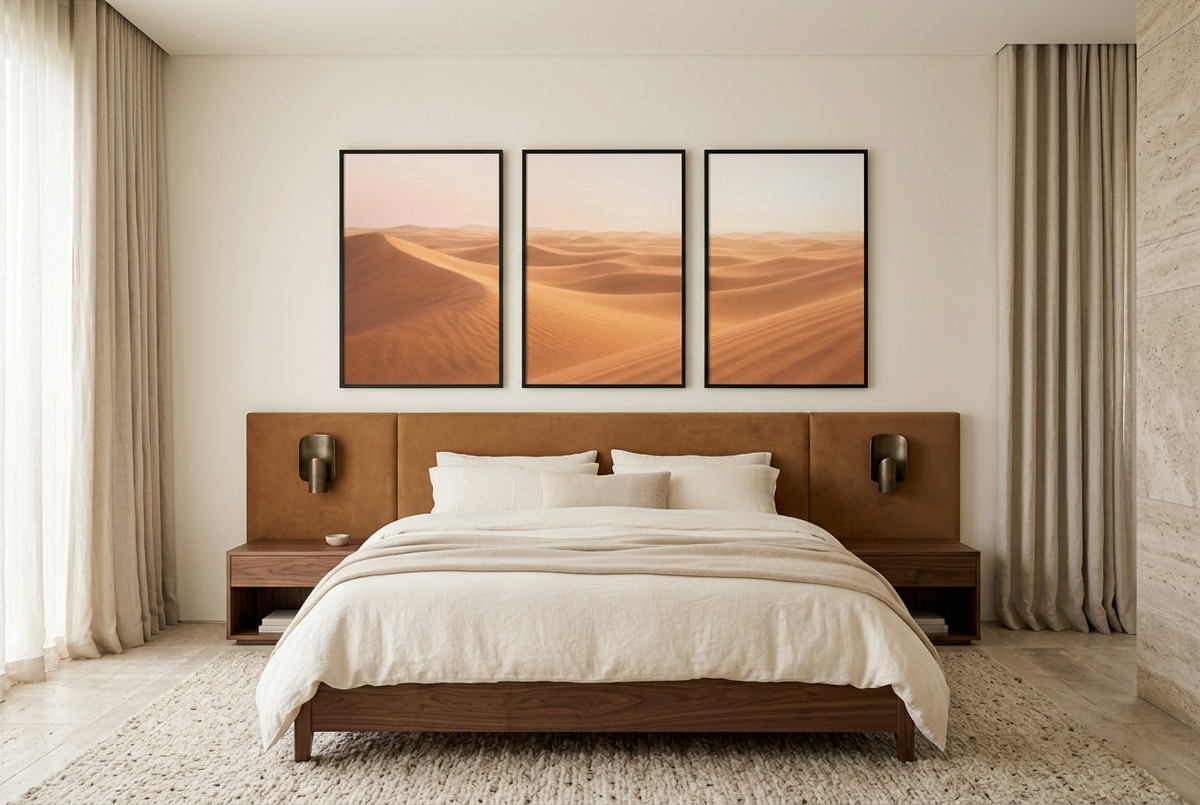 Le Grand Désert — posters com molduras pretas num quarto