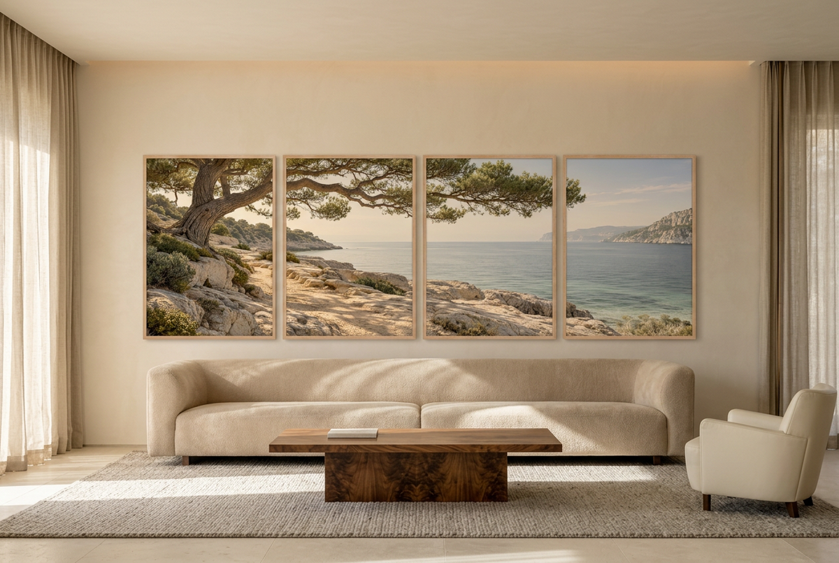 De Grote Zeeden — vierluik voor aan de muur: parasolden boven de zee, in een woonkamer