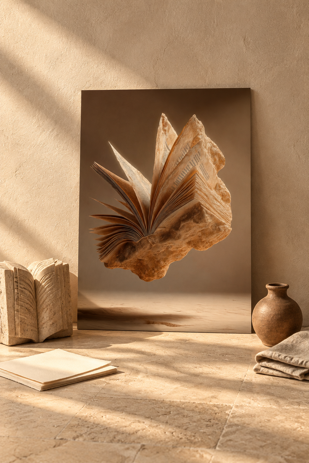 Das Buch aus Stein auf dem Boden mit Skulptur und Papier