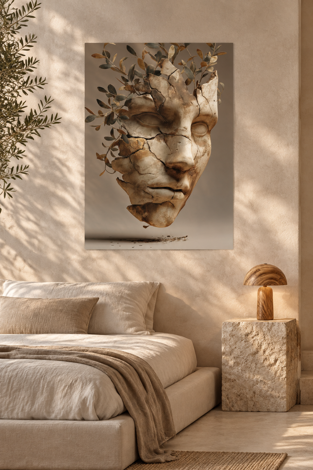 La Maschera d'Ulivo in una camera da letto beige e avorio