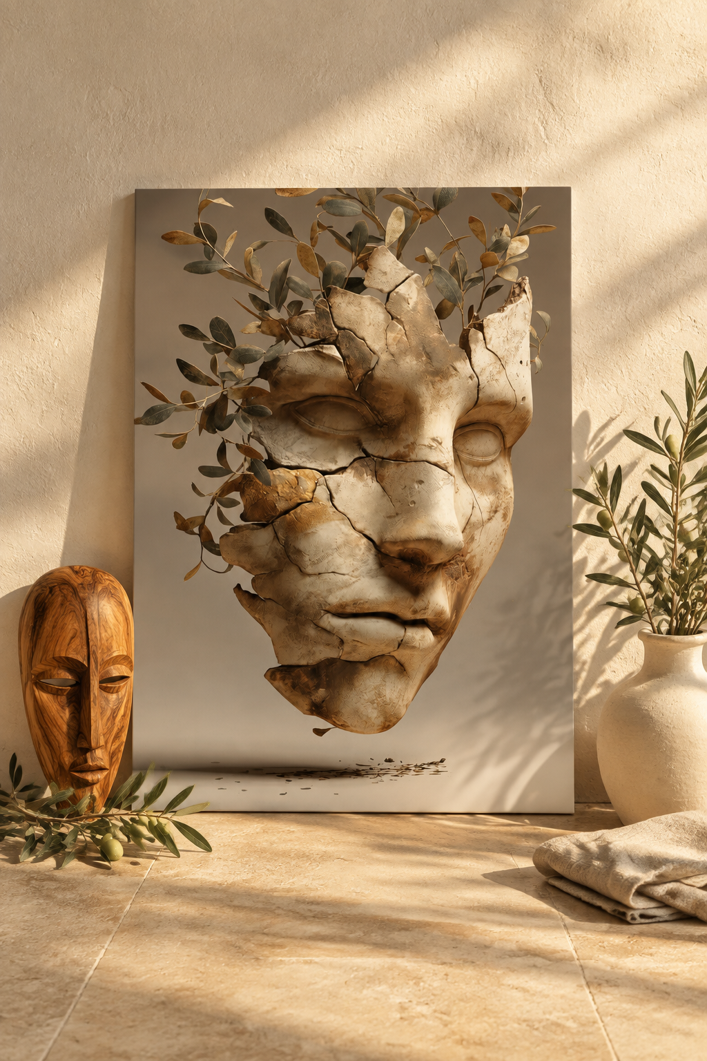La Maschera d'Ulivo a terra con legno d'ulivo e fogliame