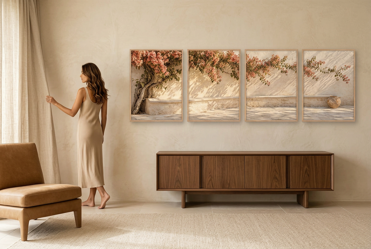 De Muur met Bougainville — vierluik voor aan de muur: bloeiende bougainville op een gekalkte muur, met een vrouw in de kamer