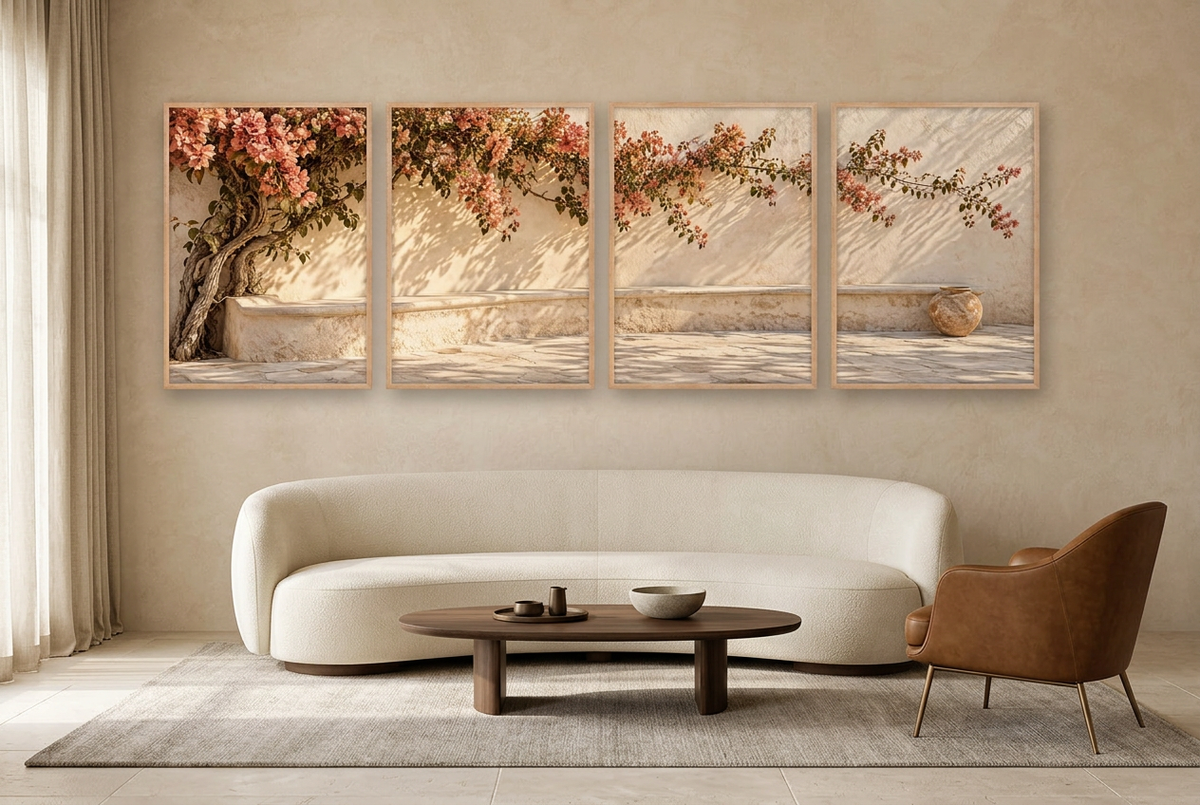 De Muur met Bougainville — vierluik voor aan de muur: bloeiende bougainville op een gekalkte muur, in een woonkamer
