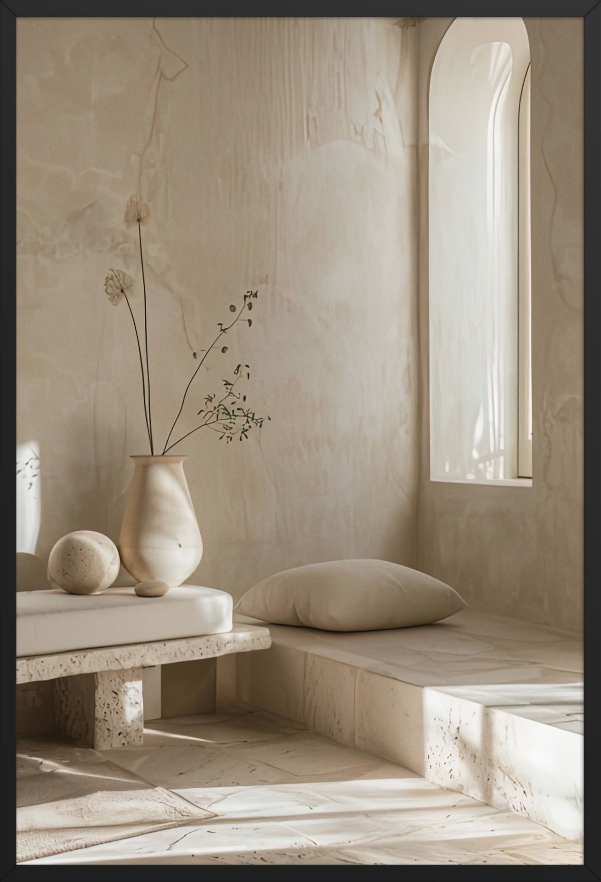 Travertine Living Room — poster in a black frame, front view