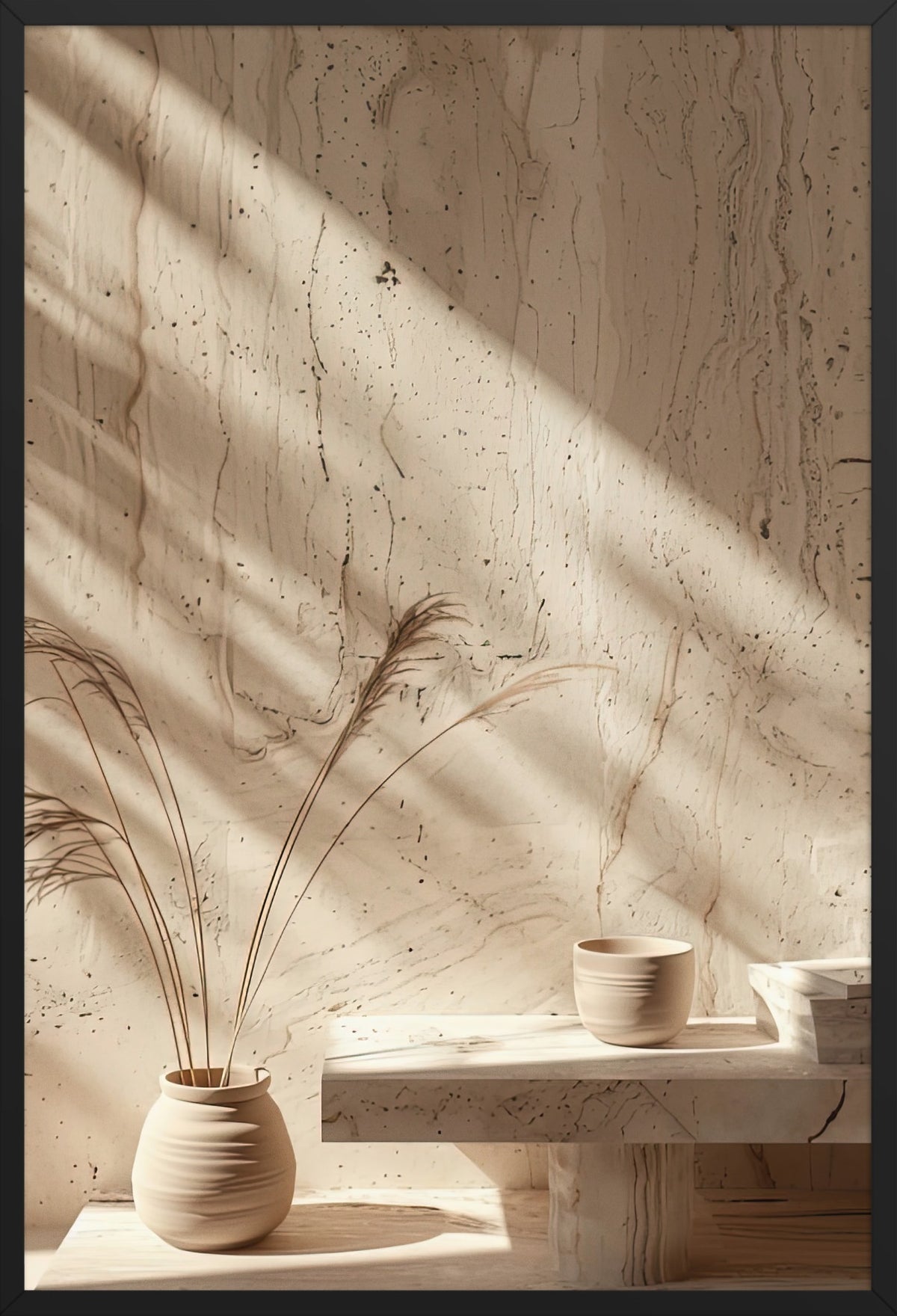 The Vase and the Pampas - Minimalist Ivory Pampas Wall Art — poster in a black frame, front view