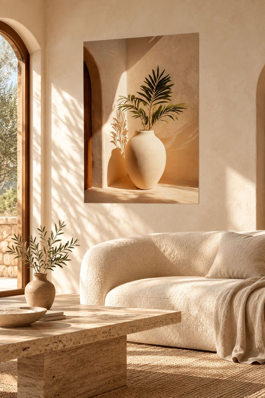 Die Vase unter der Palme in einem mediterranen Wohnzimmer