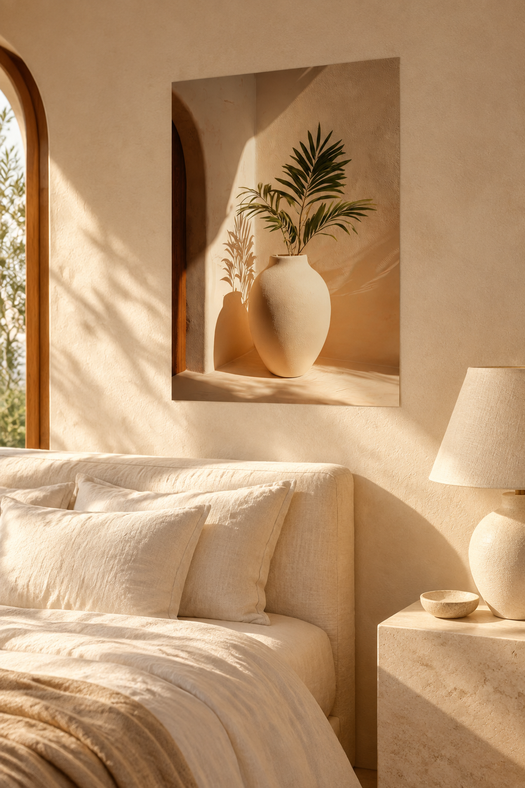 Die Vase unter der Palme in einem mediterranen Schlafzimmer