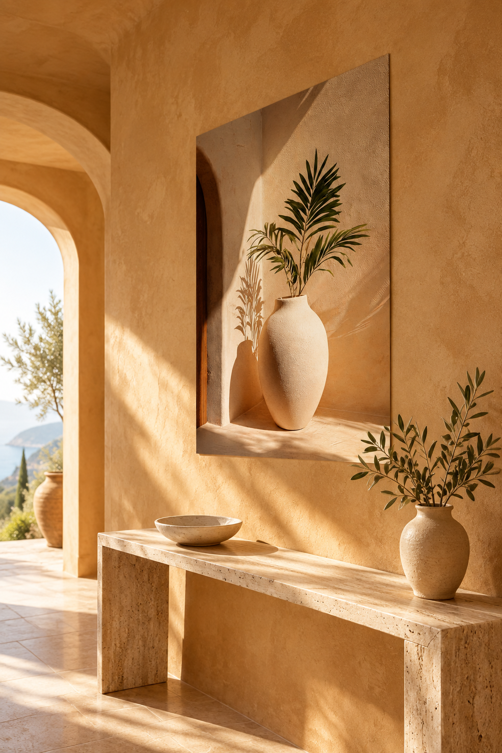 Die Vase unter der Palme in einem mediterranen Eingangsbereich