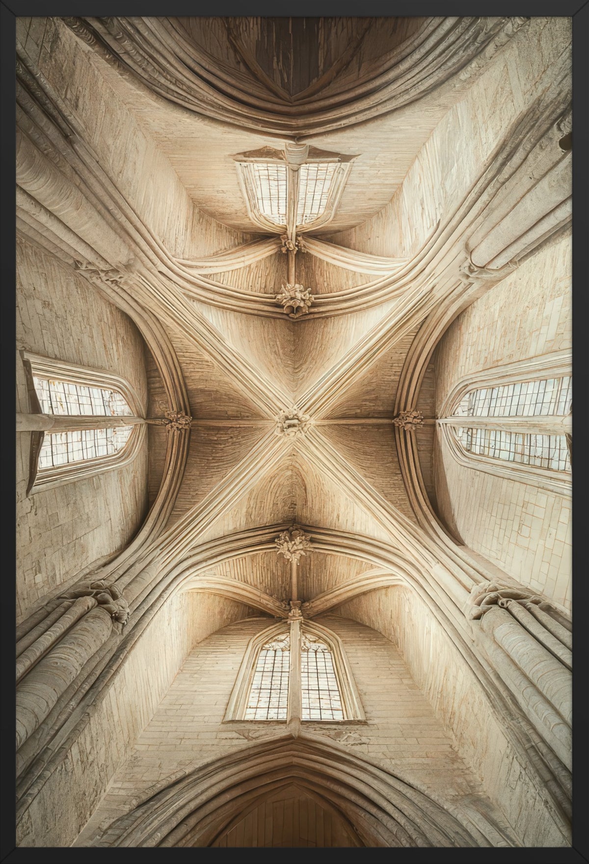 Vertigo - Minimalist Beige Gothic Architecture Wall Art Poster — poster in a black frame, front view