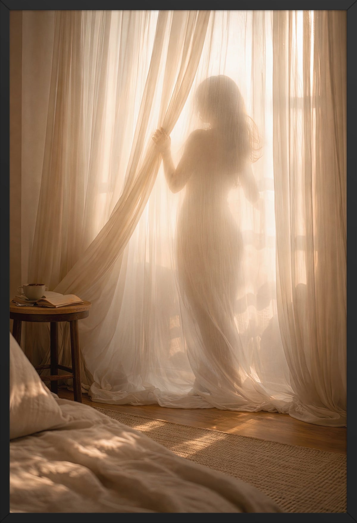 The Morning Veil - Golden Minimalist Wall Art Female Silhouette — poster in a black frame, front view