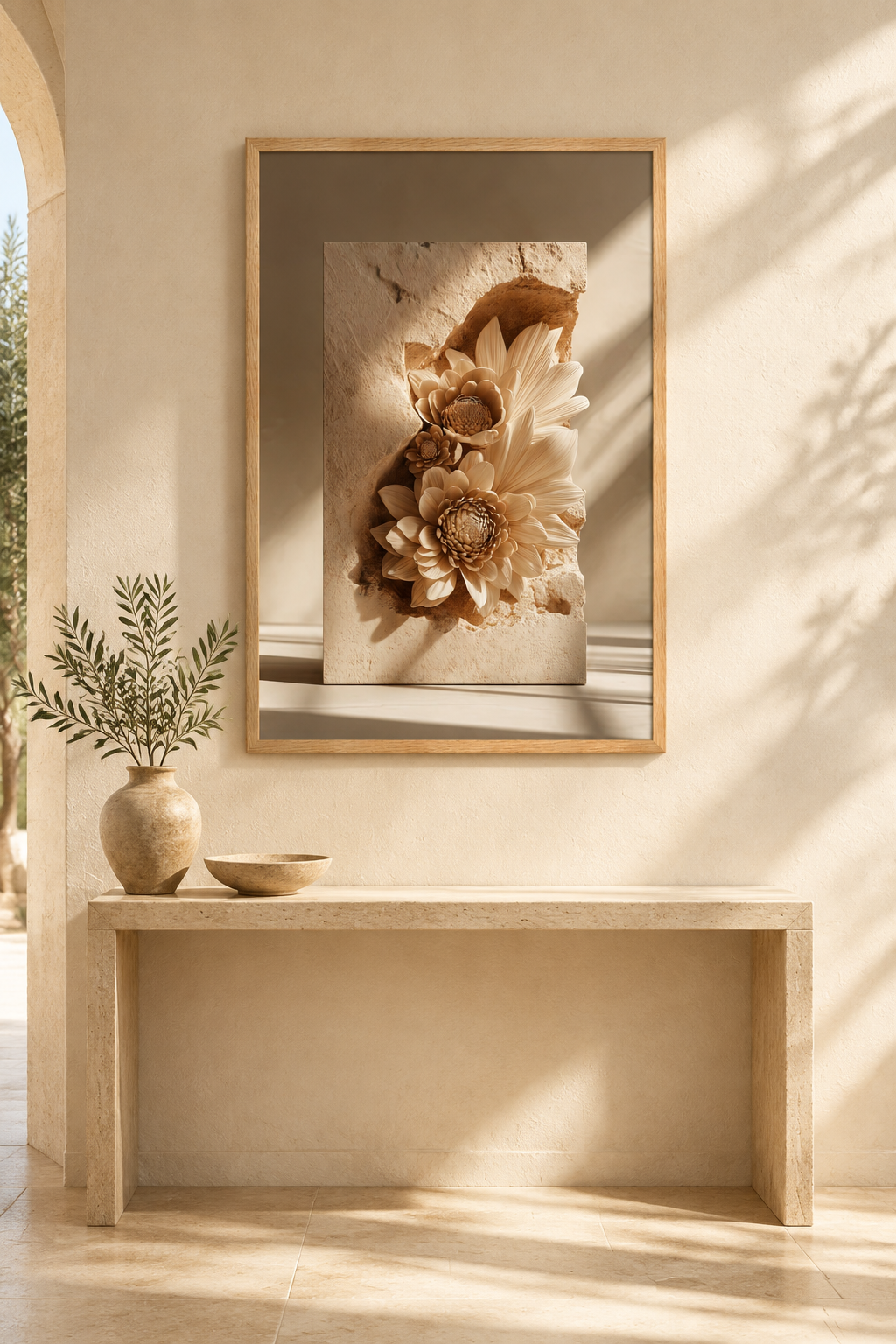 De Stenen Bloemkronen met eiken lijst boven een sidetable