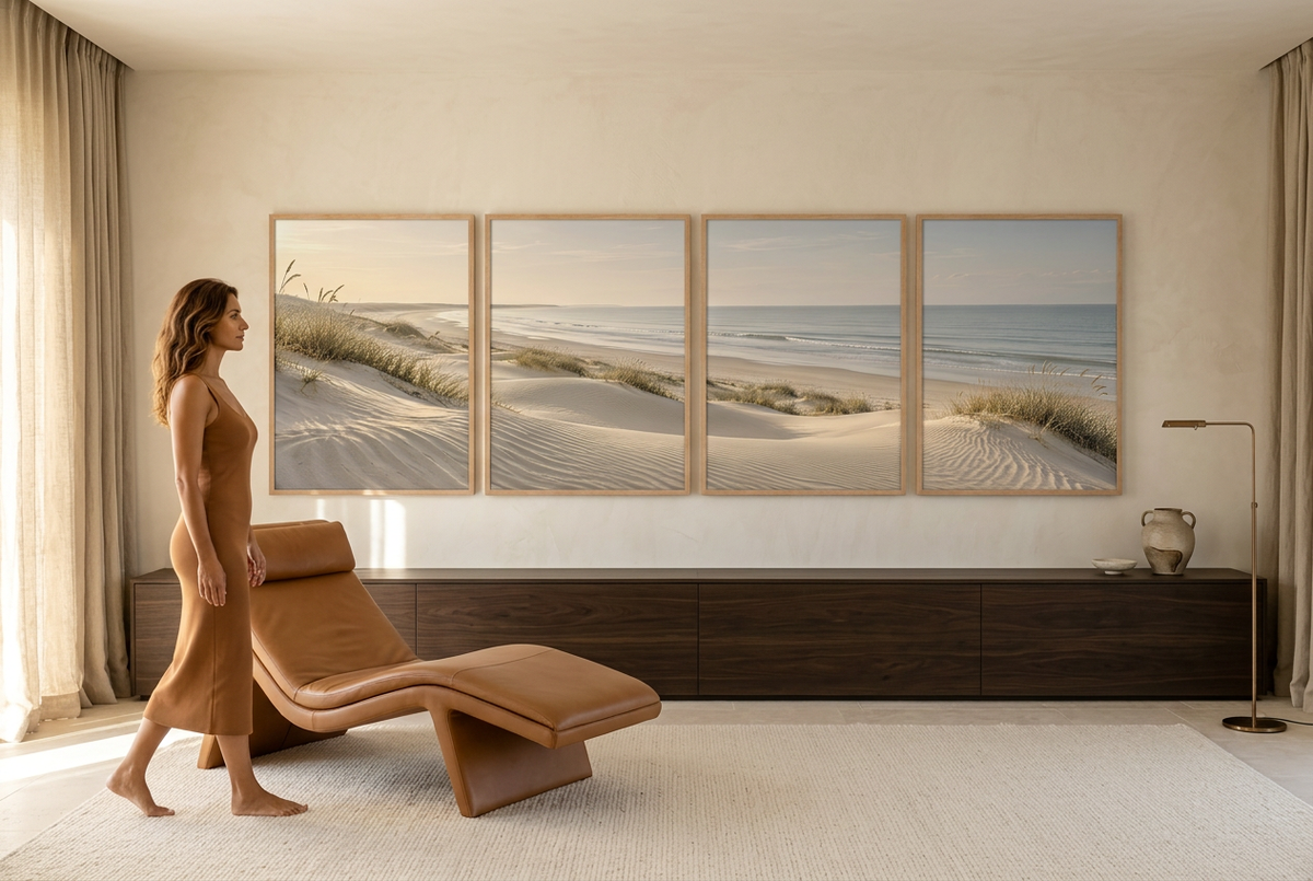 Die Dünen am Ufer — vierteiliges Wandbild: Dünen und Strandhafer am Meer, mit einer Frau im Raum