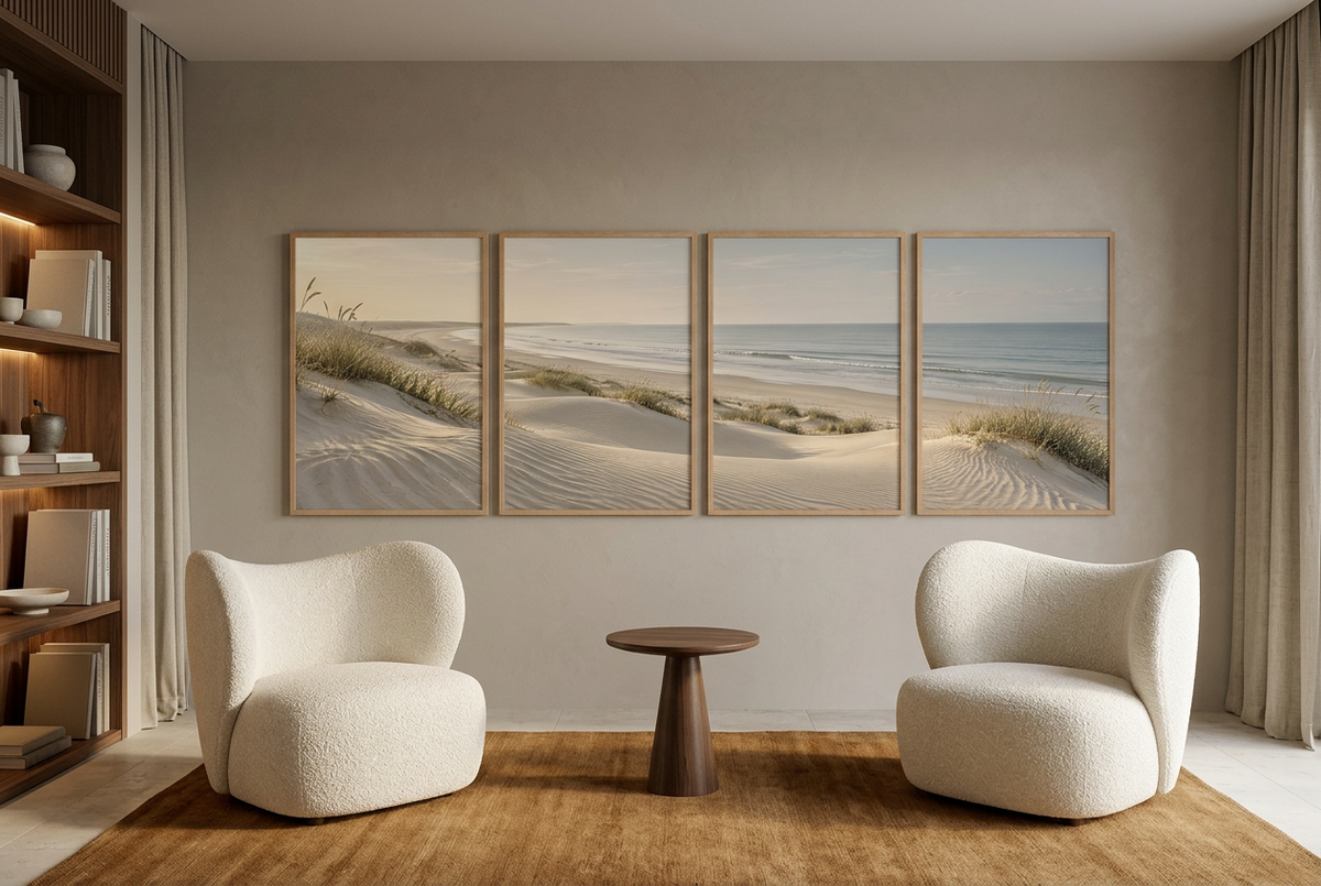 Las Dunas de la Orilla — cuadríptico de pared: dunas y barrón frente al mar, en un rincón de lectura