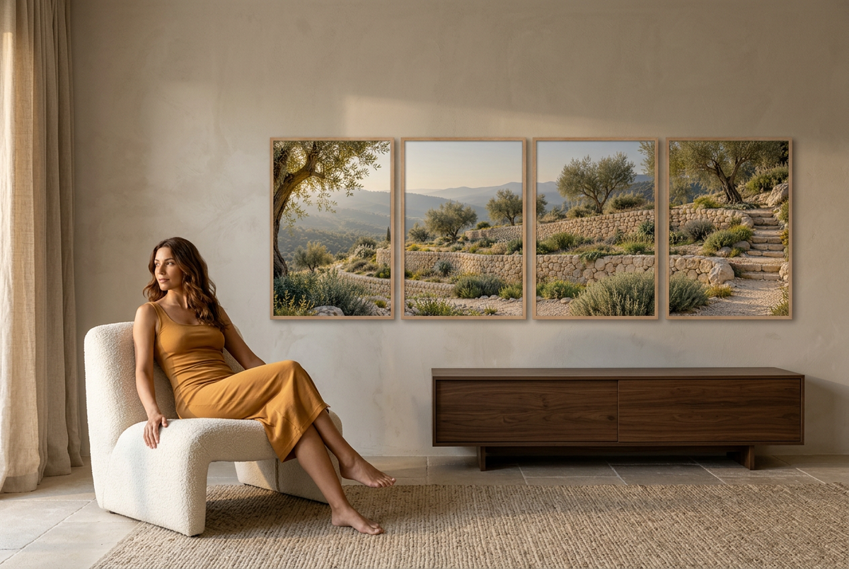 The Dry-Stone Terraces — 4-panel wall art: terraced olive groves on the hillside, with a woman in the room